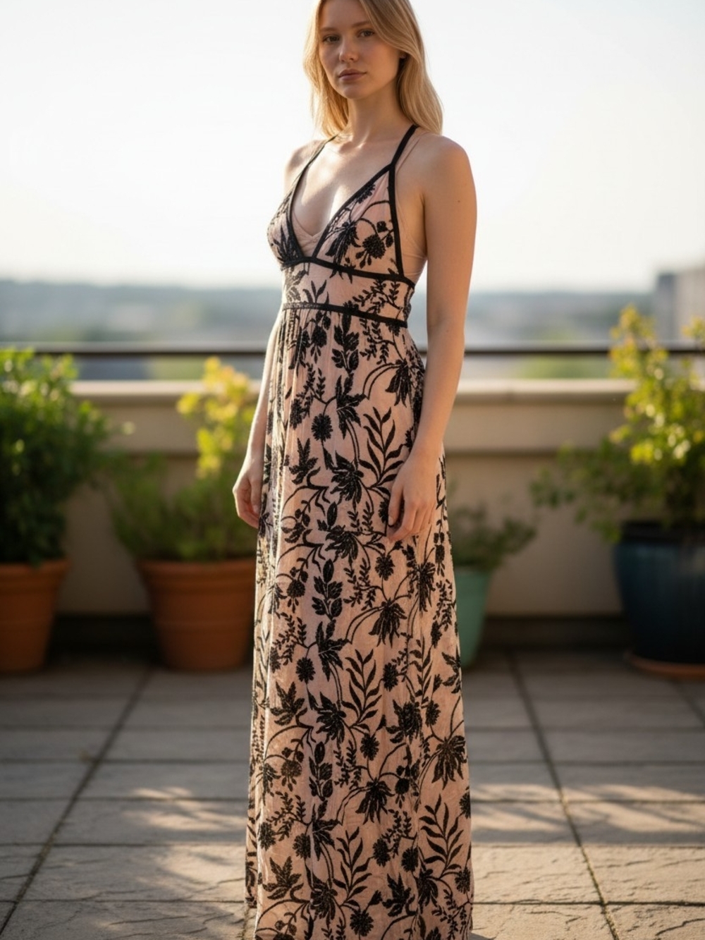 Somedays Lovin Blush Maxi with Black Floral See Through Lace W/ Bodysuit